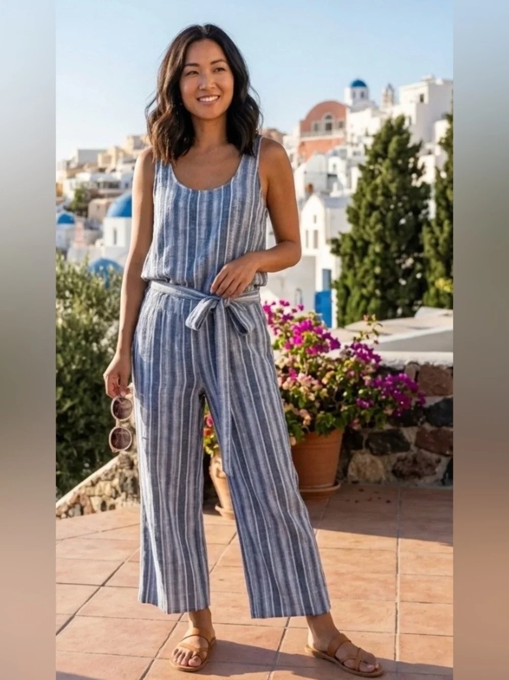 cloth & stone Blue and White Striped Sleeveless Tie-Waist Jumpsuit